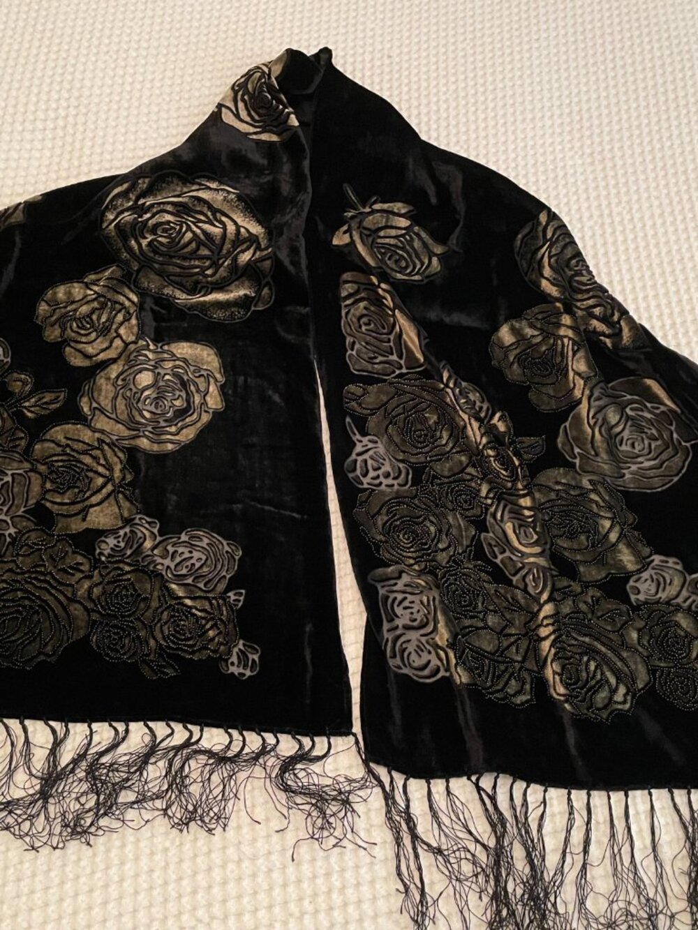 Black Velvet Gold Rose Burnout Beaded Fringe Shawl Wrap Evening Scarf Floral - Picture 2 of 3